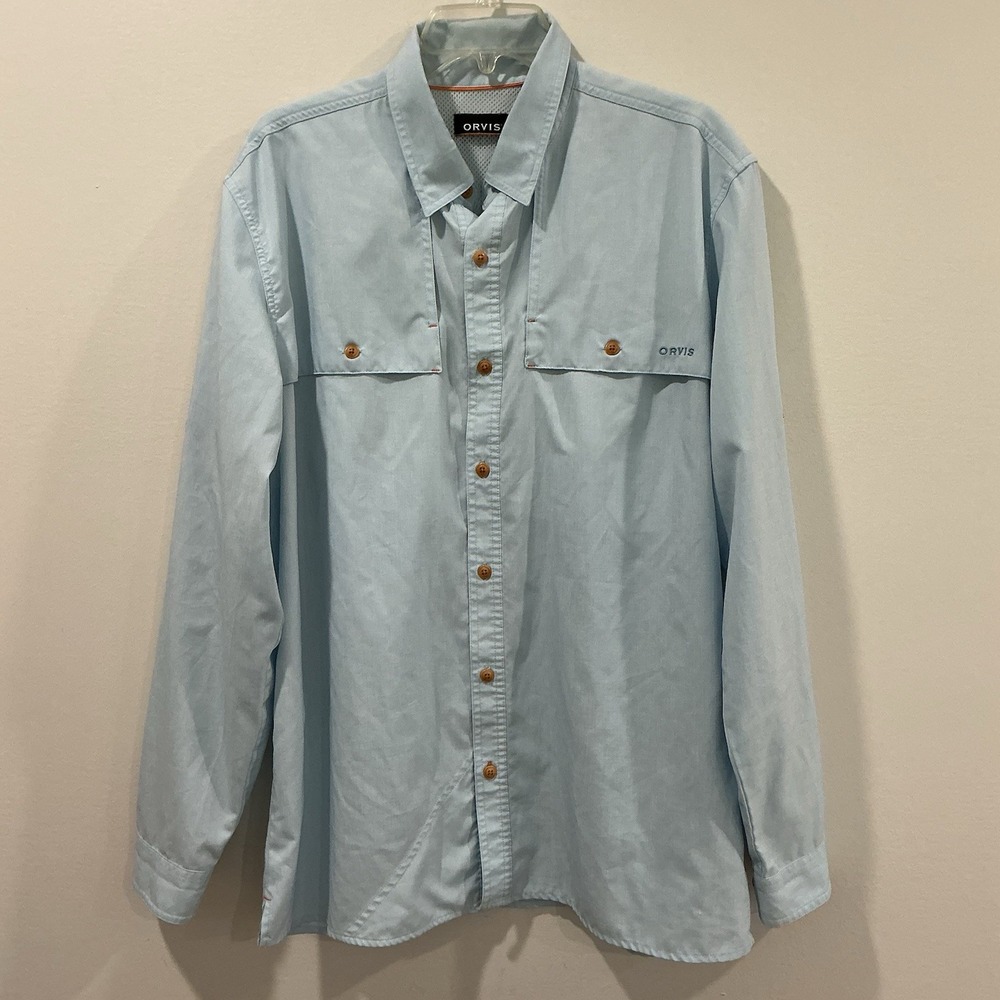 Orvis Fishing Shirt Mens L Blue Vented Mesh Back Long Sleeves Outdoor Hiking